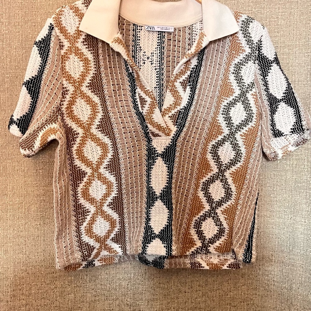 Zara Tan and Black Graphic Crop Polo Blouse